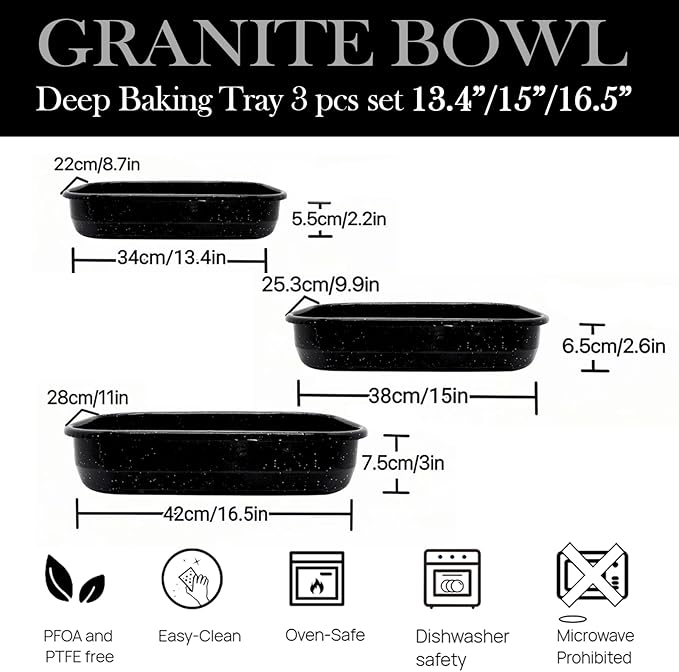 3-Pack Roasting Pans for Ovens Turkey Roaster Pan set Deep Lasagna Baking Pan,17/15/13Inch Spotted Enamel Steel Vessel Used for Cake Dinners Thanksgiving Cooking Safe Easy to Clean Bakeware