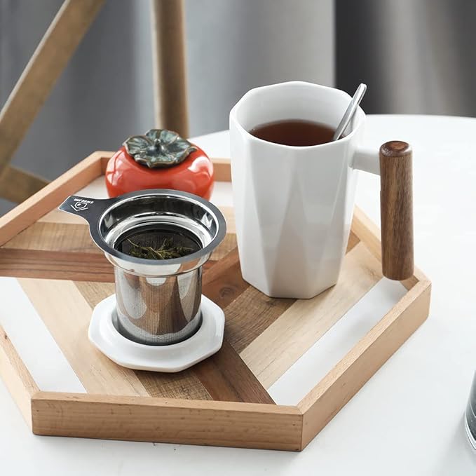 Sweejar Ceramic Tea Infuser Cup with Lid, Wooden Handle Teacup with Strainers for Loose Leaf Tea, 17 oz Geometric Shape Coffee Mug, Steeping Mug with Infuser, Women Christmas Gift (White)
