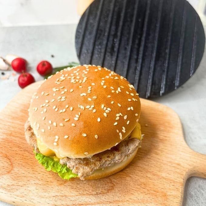 Burger Press 6.9 Inch Round Heavy Duty Cast Iron Hamburger Press with Wooden Handle, Meat Press,Bacon and Steak Meat Press, for Griddle,Barbecue Grilling Tool