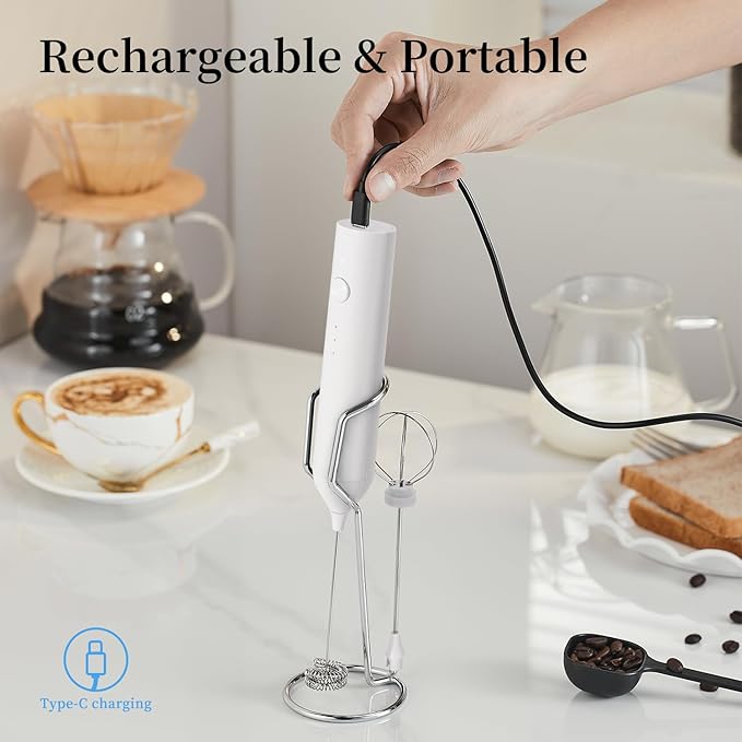 Powerful Electric Milk Frother Set, Rechargeable Drink Blender with Wand and Egg Whisk, Foam Maker Mixer, Milk Frother Handled for Coffee, Latte, Matcha, Protein Powder (White with Stand)