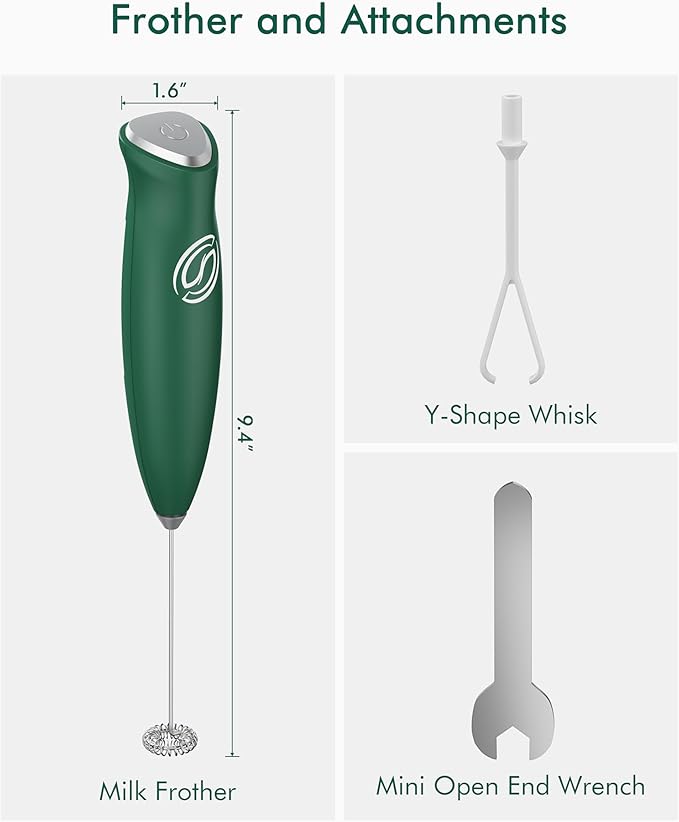 Milk Frother Wand Coffee Frother Handheld Drink Mixer Handheld with 2 Whisks Electric Whisk Stirrers Electric Milk Frother for Coffee Mixer Wand Milk Foamer-Green