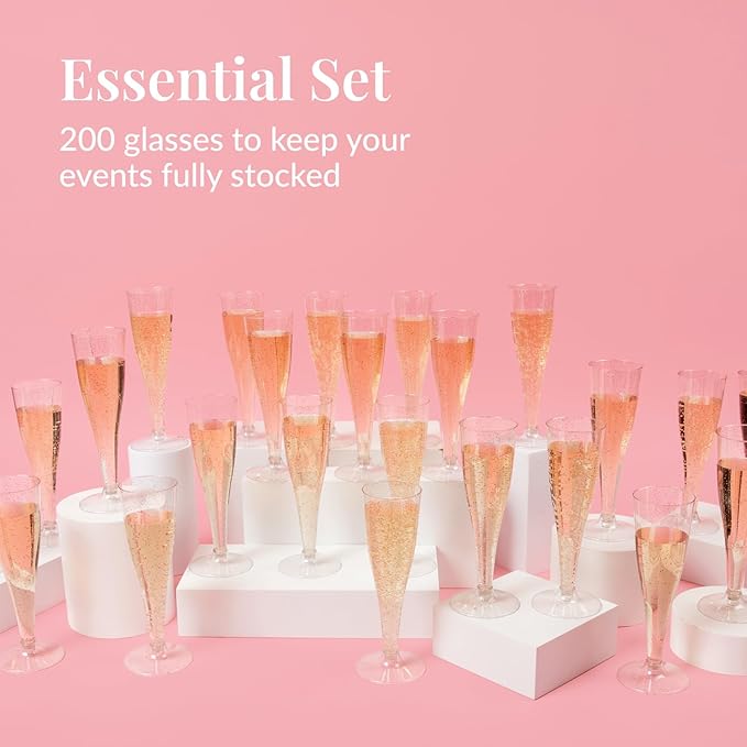 Prestee 200 Disposable Champagne Flutes Plastic 200 Pack - Silver Glitter Champagne Flutes for Weddings, Parties, and New Year’s Eve - 4.5 Oz Plastic Silver Party Glasses