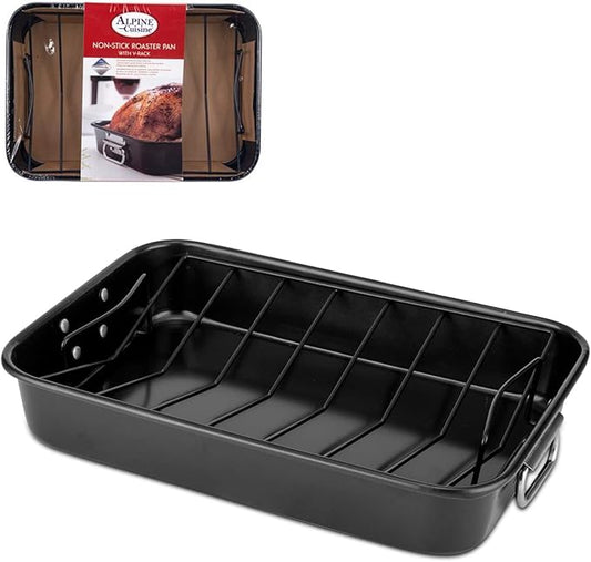 Alpine Cuisine Turkey Roaster Pan with Rack 16-Inch - Nonstick Coating Carbon Steel Pan - Black & Heavy Duty Roasting Pan - Easy to Clean, Multipurpose Use - Durable & Dishwasher Safe