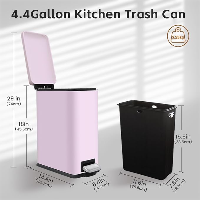Pink 16.7L/4.4 Gallon Bathroom Trash Can with Lid. Features a removable inner bucket, a soft - close lid, and a stainless - steel step pedal. Ideal for use in the bathroom, kitchen, and home office.