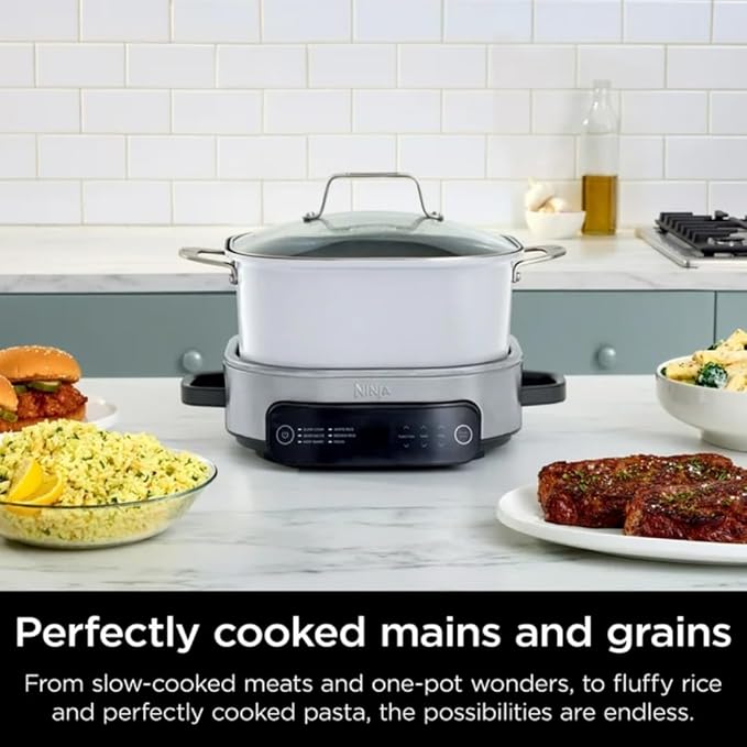Multi-Cooker Ninja Foodi MC1100, Everyday Possible Cooker 6.5-Qt, 6-in-1 with Slow Cook, Slow Cooker, Sear/Sauté, Keep Warm, Rice and Pasta Functions, Compact Design, White, 6.5QT