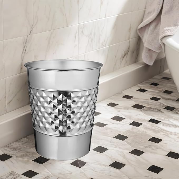 Monarch Abode Nickel Chrome Handcrafted Geometric Embossed Metal Wastebasket for Home, Decorative Waste Basket, Modern Bathroom Garbage Can, Durable & Decorative Trash Bin, Nickel Chrome Trash Can