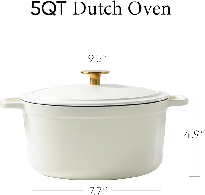 CAROTE Cast Iron Dutch Oven Pot with Lid, Enameled Dutch Oven for Sourdough Bread Baking, Dual Handles, Heavy-Duty Cast Iron Pot, 5QT, White