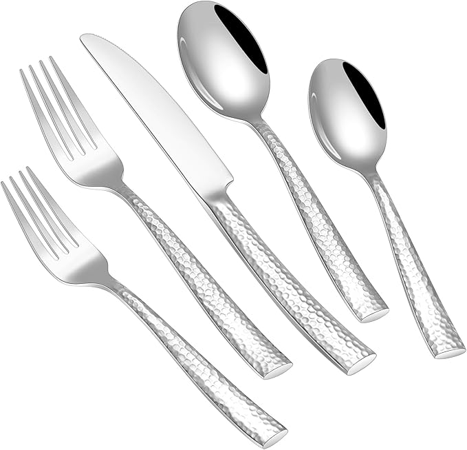 Stapava 40 Pcs Hammered Silverware Set for 8, Mirror Stainless Steel Flatware Cutlery Set, Include Knifes Forks and Spoons Silverware Set, Dishwasher Safe Utensils Set for Home Hotel