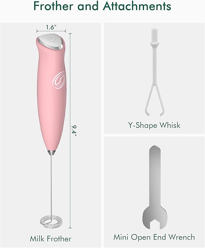 Milk Frother Wand Coffee Frother Handheld Drink Mixer Handheld with 2 Whisks Electric Whisk Stirrers Electric Milk Frother for Coffee Mixer Wand Milk Foamer-Pink