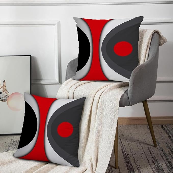 Modern Art Geometric Pillow Cover, Decorative Throw Pillow Covers Black Red Abstract Artwork Cushion Cover for Bedroom Sofa Living Room 16 x 16 Inch Set of 2