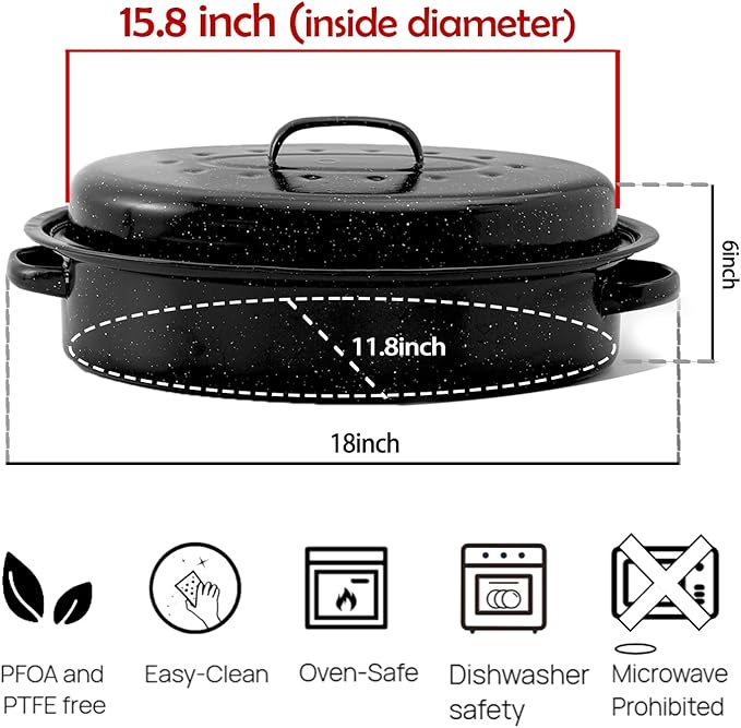 Oval Roasting Pan with Lid and Rack 18" Large Roaster Pan Set Comes With Lron Rack Enamel Cook Ware Dishwasher Compatibility Granite Oven Roaster