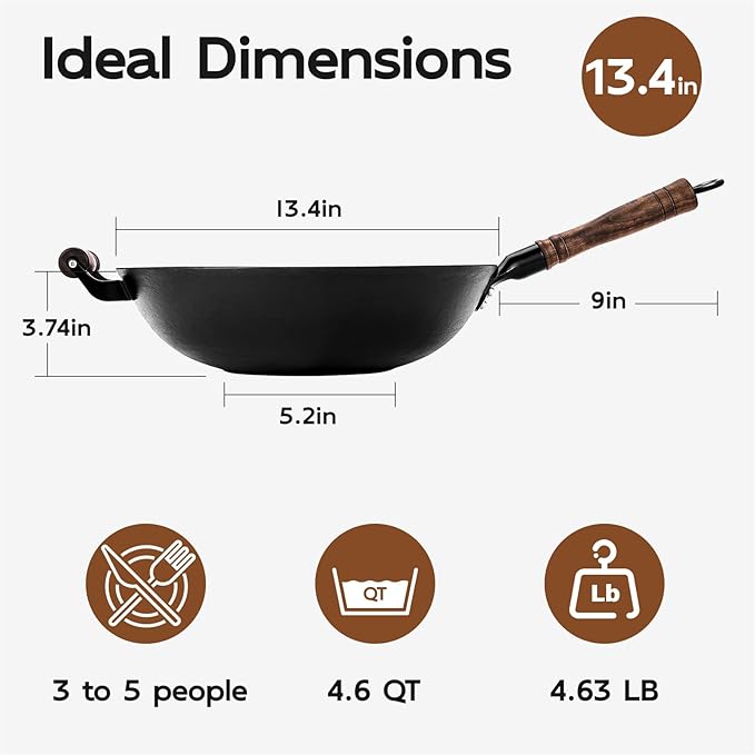 WANGYUANJI Traditional Iron Wok,13.4" Flat Bottom Wok – Chemical-Free Carbon Steel with Stainless Steel Spatula