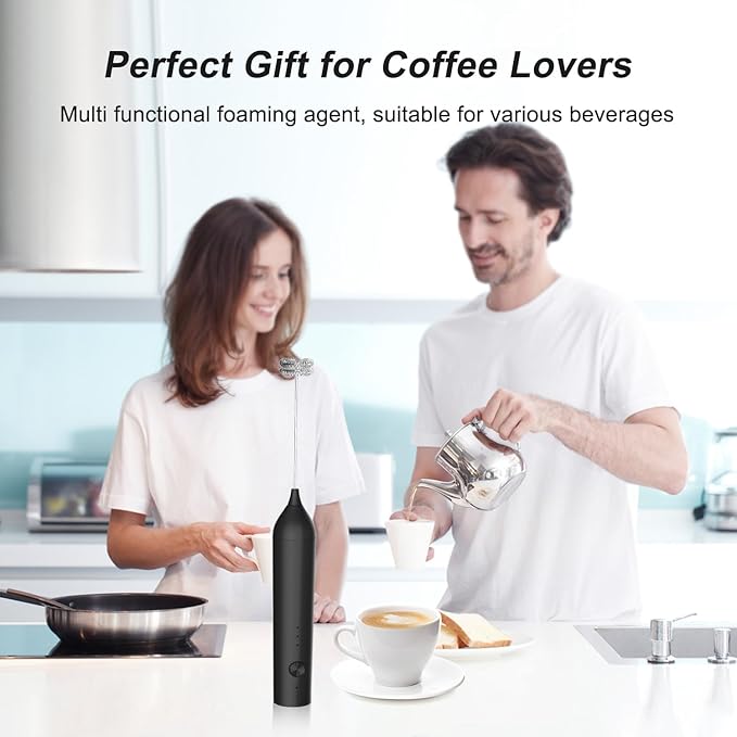 Powerful Electric Milk Frother with Wand and Egg Whisk Attachments, 3 Speed Adjustable Rechargeable Foam Maker Mixer, Milk Frother Handled for Coffee, Protein Powder (Black without Stand)