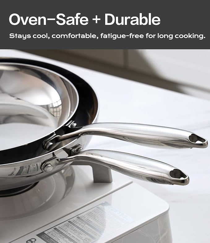 3-Ply Stainless Steel Fry Pan With Lid 10 Inch, Induction Compatible, Oven Broiler Safe 600F, Fast and Even Heat, 10"Frying Pan, Stay-Cool Handle, Dishwasher-Friendly, Compatible with All Cooktops
