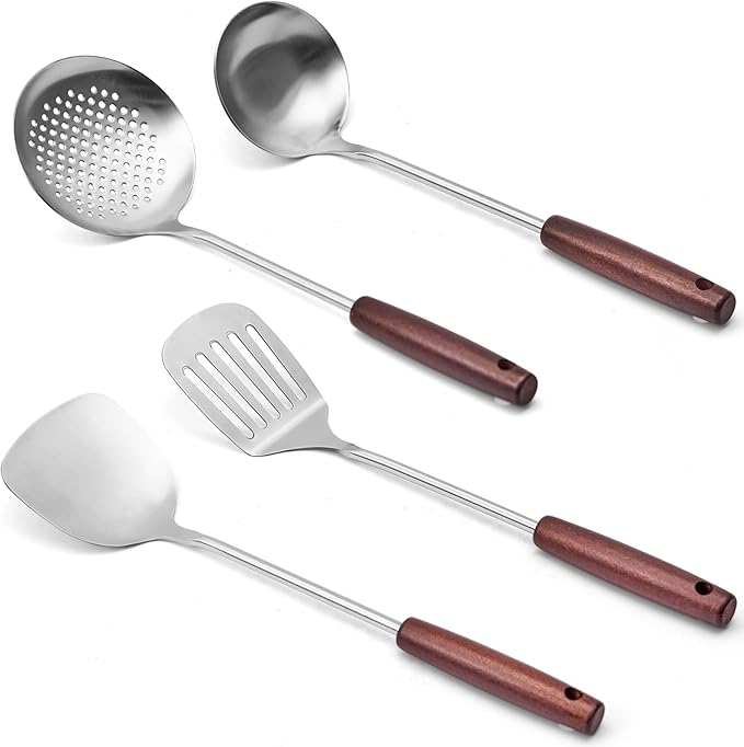 Stainless Steel Cooking Utensils Set, 4 PCS Kitchen Utensils Set with Wooden Handles, Heat Resistant Cooking Tools for Solid & Slotted Turner Wok Spatula, Soup Ladle, Slotted Spoon