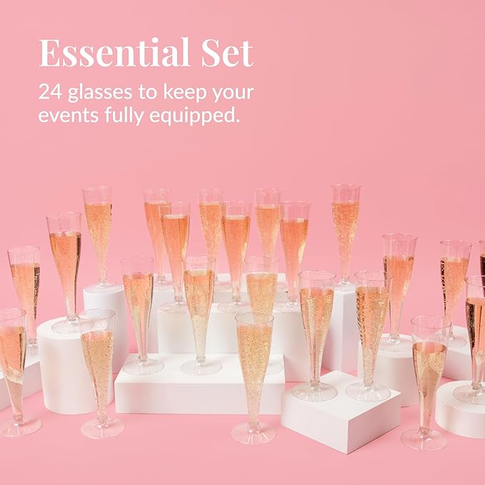 Prestee 24 Champagne Flutes Plastic - Disposable Flute - Silver Glitter Plastic Glasses for Parties - Mimosa Bar, Wedding, Shower Party, New Years Eve Party Supplies 2025 (Silver)