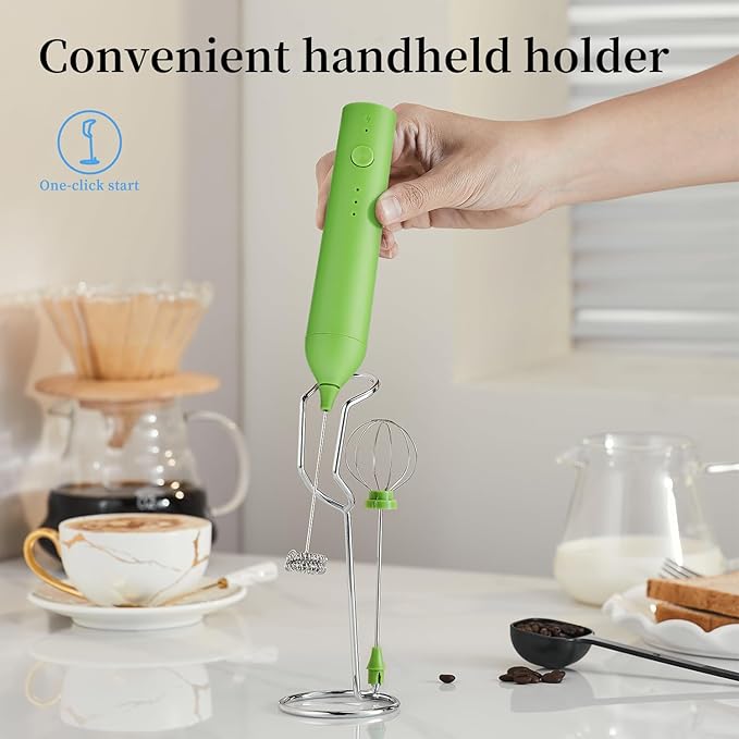 Electric Milk Frother Set, Rechargeable Drink Blender with Wand and Egg Whisk, 3 Speed Adjustable Foam Maker Mixer, Milk Frother Handled for Coffee, Matcha, Protein Powder (Green with Stand)