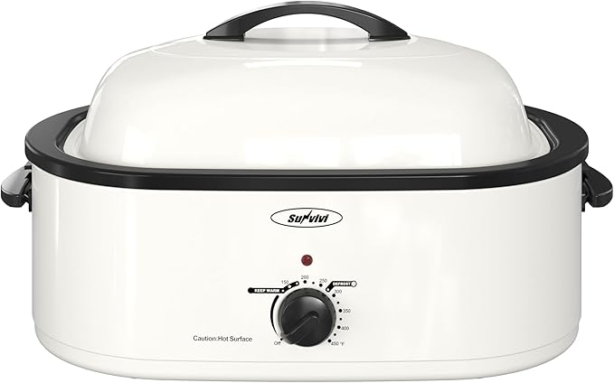 Roaster Oven, Electric Roaster Oven with Viewing Lid, Large Roaster with Removable Pan & Rack, Turkey Roaster with Unique Defrost/Warm Function, Stainless Steel, White, 18QT