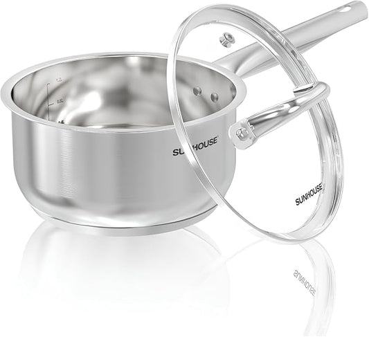SUNHOUSE – 1.5 Quart Stainless Steel Sauce Pan with Lid - PFOA-FREE, High Stainless Steel Sauce Pan, Induction base, Stay-Cool Handle, Compatible with All Cooktops Gas, Geramic, Electric etc.