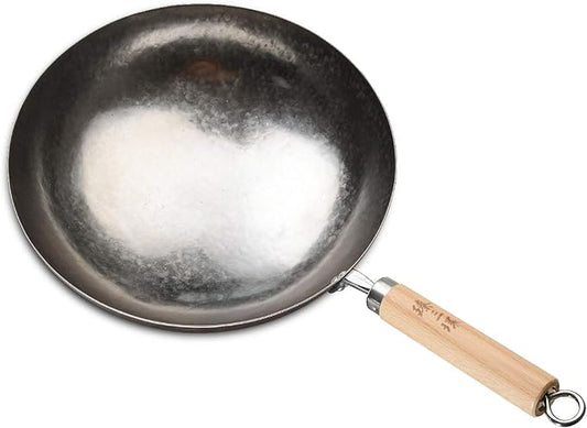 臻三环 ZhenSanHuan Chinese Hand Hammered Iron Pow Woks and Stir Fry Pans Wooden Handle Round Bottom (30CM, Silver-Not Seasoned)