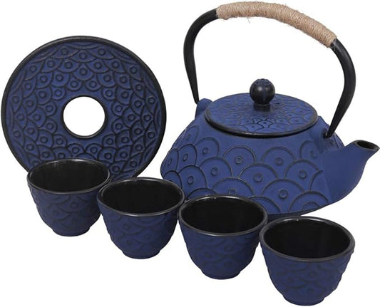 Japanese Style Cast Iron Teapot Set with 4 Tea Cups Iron Tea Kettle with Infuser Hemp Rope Trivet Asian Gift for Adults Parents (Fish Scale Pattern, Blue,Anti Rust)