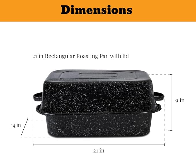 Granite Ware 21 in Oven Rectangular Roaster with lid and V Rack (Speckled Black) - Accommodates up to 25 lb poultry or roast.