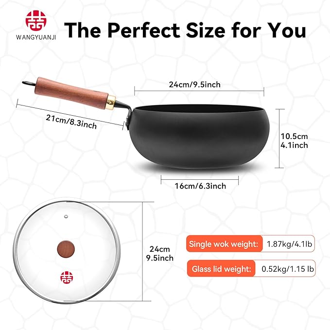 Wrought Iron Flat Bottom Wok with Glass Lid – Detachable Wooden Handle, Non-Coated Naturally Nonstick Frying Pan for Gas, Electric & Induction Stoves (Black Deep-Bowl Wok, 9.5 inch)