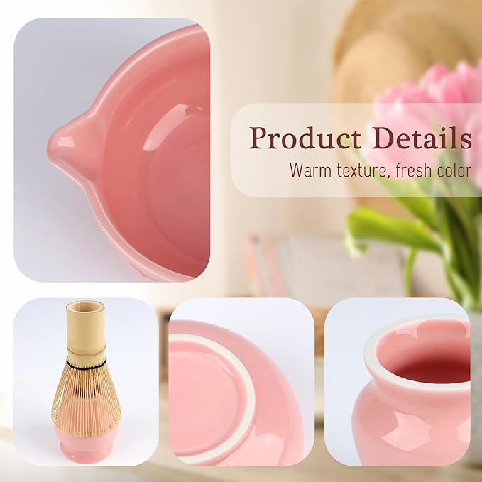5Pcs Ceramic Matcha Set, Matcha Whisk Set, Tea Set Includes Matcha Bowl, Matcha Whisk and Holder, Sifter, Bamboo Tascoop (Pink)