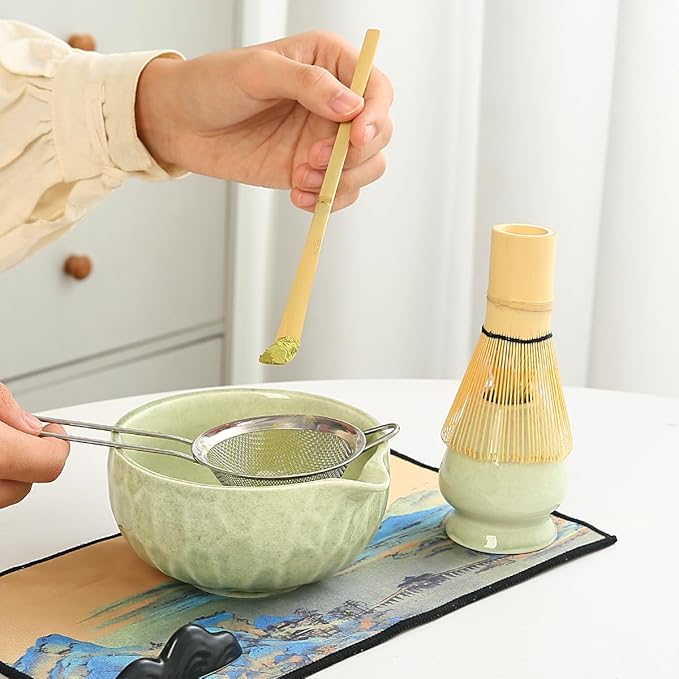 7-Piece Matcha Whisk Set, green Ceramic Matcha Bowl with Unique Diamond Design, Bamboo Whisk, Scoop, Sifter & Tea Towel - Complete Matcha Kit for Tea Lovers (Pink Gift Box) (green)