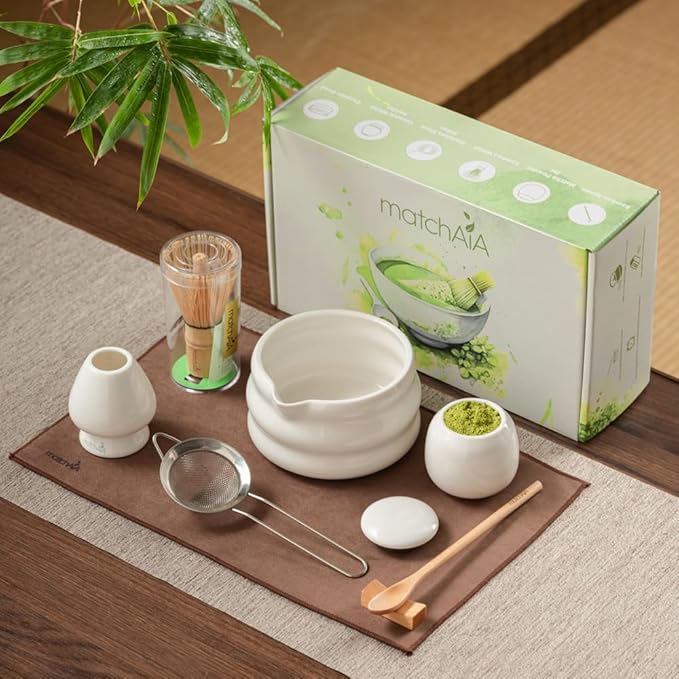 Matcha Whisk Set - Ceramic Bowl, Bamboo Whisk with Holder, Storage Canister, Sifter, Schima Spoon with Rest, Tea Towel - 8 Pcs Complete Kit for Traditional Matcha and Modern Lattes (White)