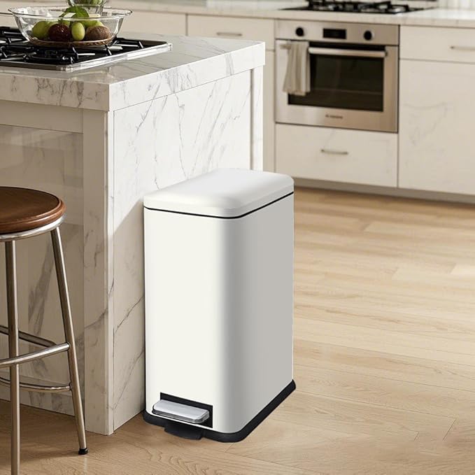 30L/8 Gallon White Foot Pedal Trash Can with Soft Close Lid, Stainless Steel Trash Can with Removal Inner Bucket, Step Trash Bin for Bathroom,Kitchen,Office (White)