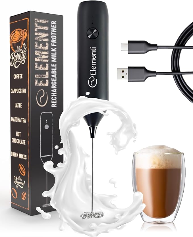 Elementi Milk Frother Wand Rechargeable Drink Mixer - Powerful USB-C Rechargeable Frother & Coffee Mixer Wand - Hand Held Milk Foamer Whisk to Make Perfect Cappuccinos, Lattes & Drink Mixes (Black)