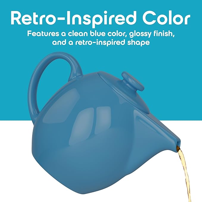 OmniWare 24 Ounce Teapot with Removable Stainless Steel Infuser (Turquoise) - Loose Leaf Tea Brewer, Microwave & Dishwasher Safe, Retro-Inspired Stoneware for Kitchen & Dining