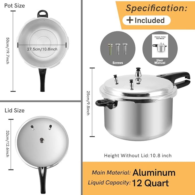 12 Quart Pressure Cooker,Aluminum Pressure Canner w/Canning Rack & Easy Lock Lid for Canning, Steaming