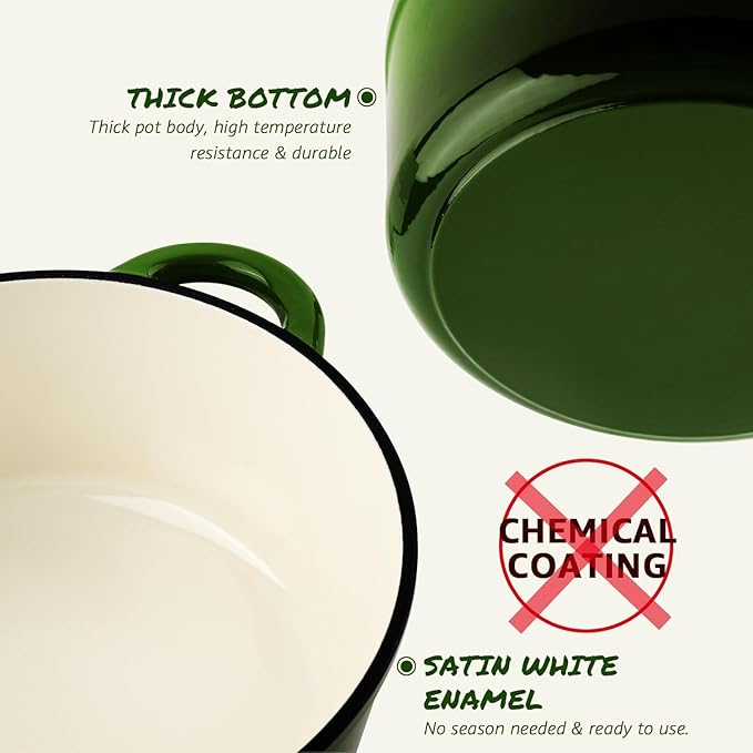 Overmont Enameled Cast Iron Dutch Oven - 5.5QT Pot with Lid Cookbook & Cotton Potholders - Heavy-Duty Cookware for Braising, Stews, Roasting, Bread Baking Green