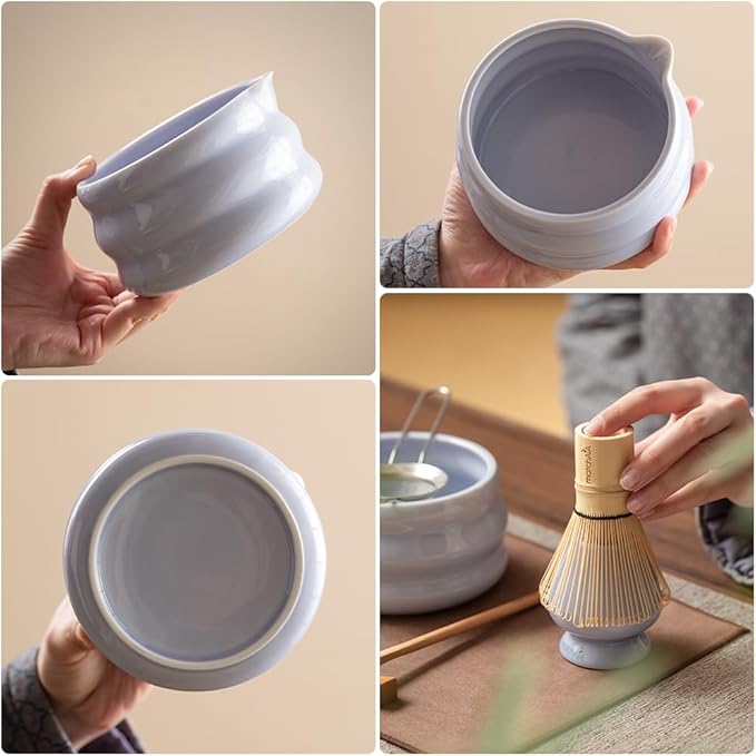 Matcha Whisk Set - Ceramic Bowl, Bamboo Whisk with Holder, Storage Canister, Sifter, Schima Spoon with Rest, Tea Towel - 8 Pcs Complete Kit for Traditional Matcha and Modern Lattes (Purple)