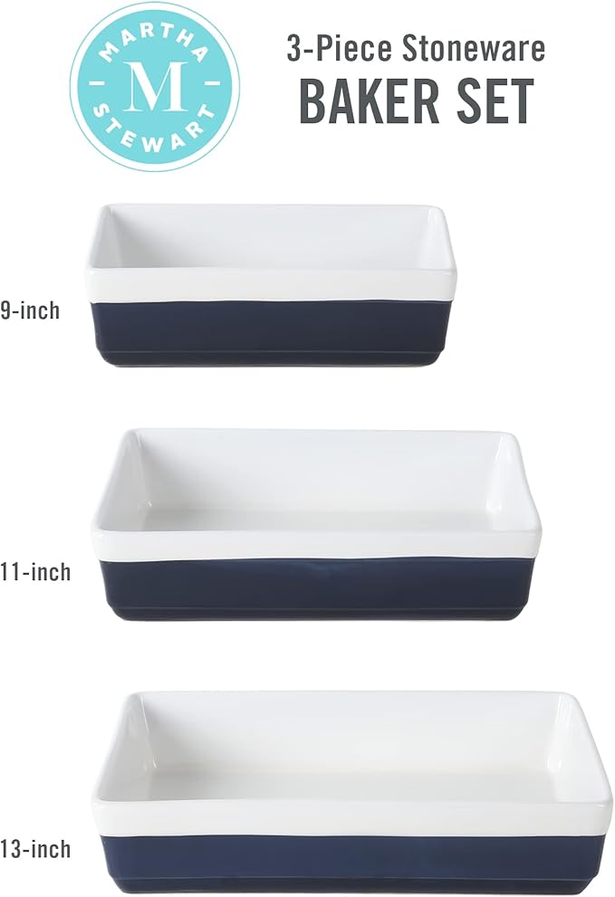 MARTHA STEWART 3 Piece Oven to Table Stoneware Bakeware, Baking Dish & Casserole Set Cobalt Blue
