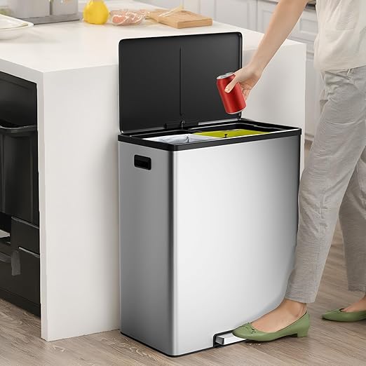 GarveeHome Step Dual Trash Can, 60 L/16 gal Recycle Bins with Lid, 2 Removable Wastebusket, Step Pedal, Large Stainless Steel Double Trash Bin for Kitchen, Bathroom
