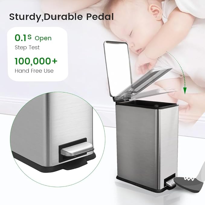 Silver 16.7L/4.4 Gallon Bathroom Trash Can with Lid. Features a removable inner bucket, a soft - close lid, and a stainless - steel step pedal. Ideal for use in the bathroom, kitchen, and home office.