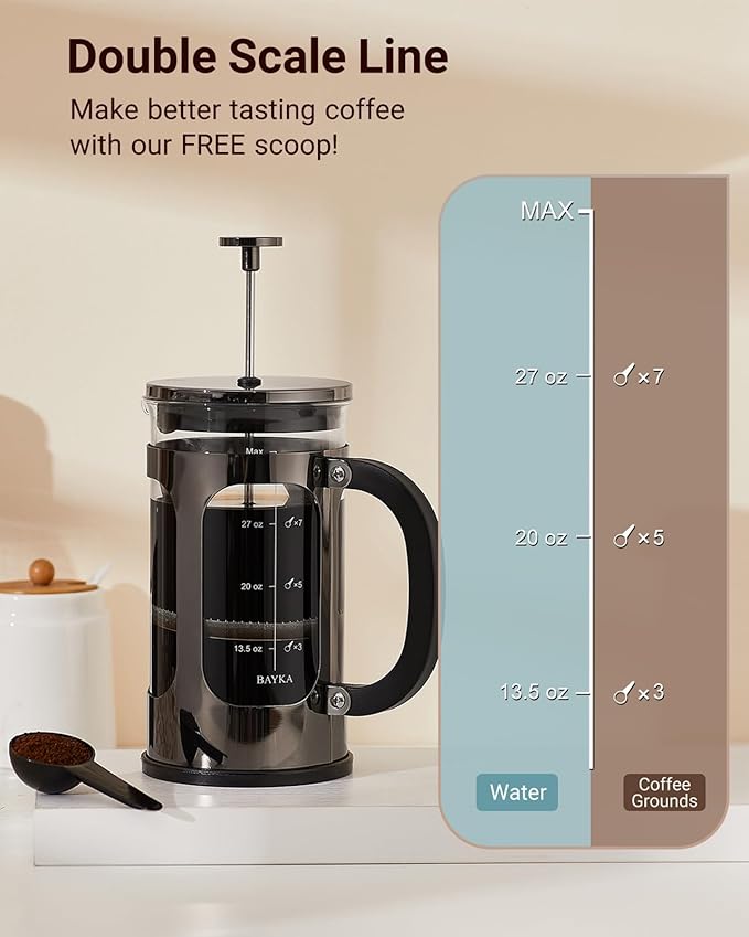 BAYKA French Press Coffee Maker, Large 304 Stainless Steel Coffee Press, Cold Brew Heat Resistant Thickened Borosilicate Coffee Pot for Camping Travel Gifts, 34 Ounce, Dark Pewter