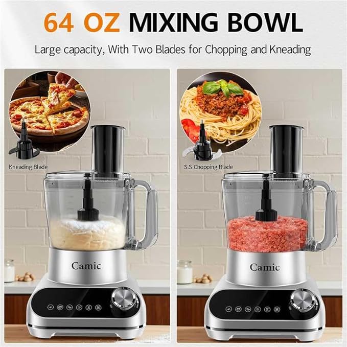 Camic Blender & Food Processor Combo,600W,6 Functions for Smoothies,Chopping,Slicing,Shredding,Grinding,Dough & More,72-oz.Blender Pitche,64-oz. Processor Bowl,13-oz. To-Go Cup,6-oz. Grinder Cup