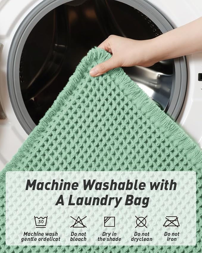 AMOAMI Upgraded Waffle Runner Rug Super Absorbent Non Slip Bath Mats for Bathroom Machine Washable Bathroom Runner Rug with Tassels, Ideal for Hallway Bedroom Laundry Room, 2'x 5'(24" x 60"), Sage