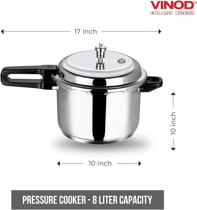 Vinod Pressure Cooker Stainless Steel – Outer Lid - 8 Liter – Induction Base Cooker – Indian Pressure Cooker – Sandwich Bottom – Best Used For Indian Cooking, Soups, and Rice Recipes, Quinoa