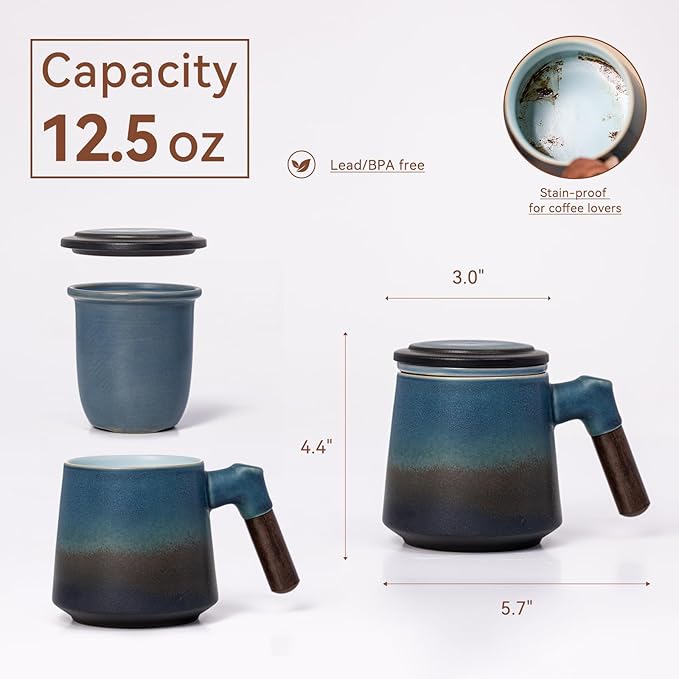 Tea Cup with Infuser and Lid 12.5oz - Kiln-Transformed Ceramic Mug with Antique Blue Gradient, Wood Handle Loose Leaf Tea Set, Anniversary Birthday Gift