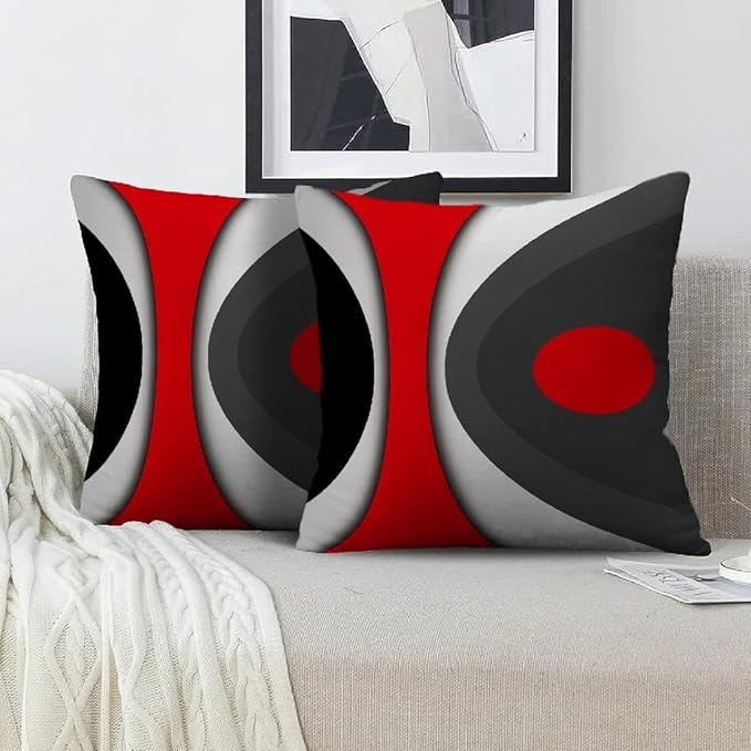 Modern Art Geometric Pillow Cover, Decorative Throw Pillow Covers Black Red Abstract Artwork Cushion Cover for Bedroom Sofa Living Room 16 x 16 Inch Set of 2