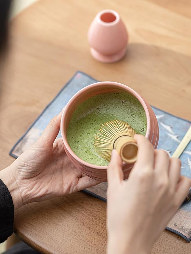 Sisher Matcha Whisk Set Pink,Matcha Set With Bowl Ceramic Pink Matcha Bowl,Matcha Whisk and Holder, Bamboo Scoop, Scoop Rest and Sifter Japanese Matcha Kit for Matcha Lovers 5pcs