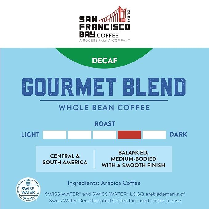 San Francisco Bay Coffee - Decaf Medium-Dark Roast Whole Bean Coffee - Decaf Gourmet Blend (2 lb bag) - Swiss Water Processed