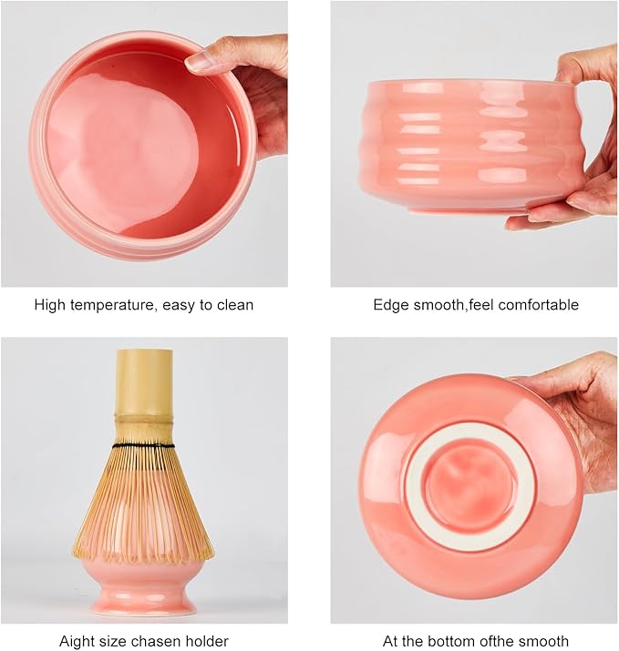 Sisher Matcha Whisk Set Pink,Matcha Set With Bowl Ceramic Pink Matcha Bowl,Matcha Whisk and Holder, Bamboo Scoop, Scoop Rest and Sifter Japanese Matcha Kit for Matcha Lovers 5pcs