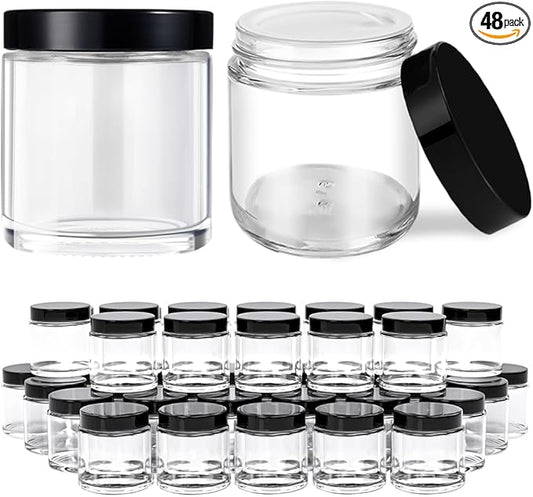 Tecohouse 4 oz Glass Jars with Lids, 48 Pack Clear Cream Canning Mason Jars with Lids, White Labels & Inner Liners, Empty Airtight Round Clear Slime Containers for Spice, Lotion, Ointments