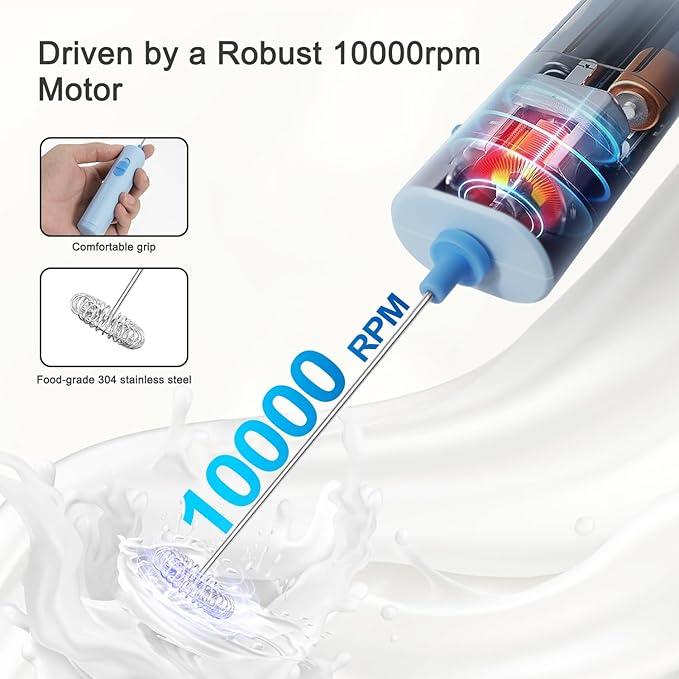 Powerful Electric Milk Frother, Battery Operated Drink Blender, Foam Maker Mixer, Milk Frother Handled for Coffee, Latte, Matcha, Protein Powder (Blue)